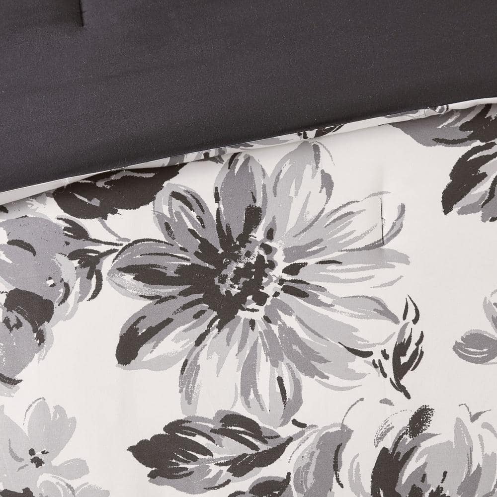 King Black and White Microfiber Reversible Floral Comforter Set
