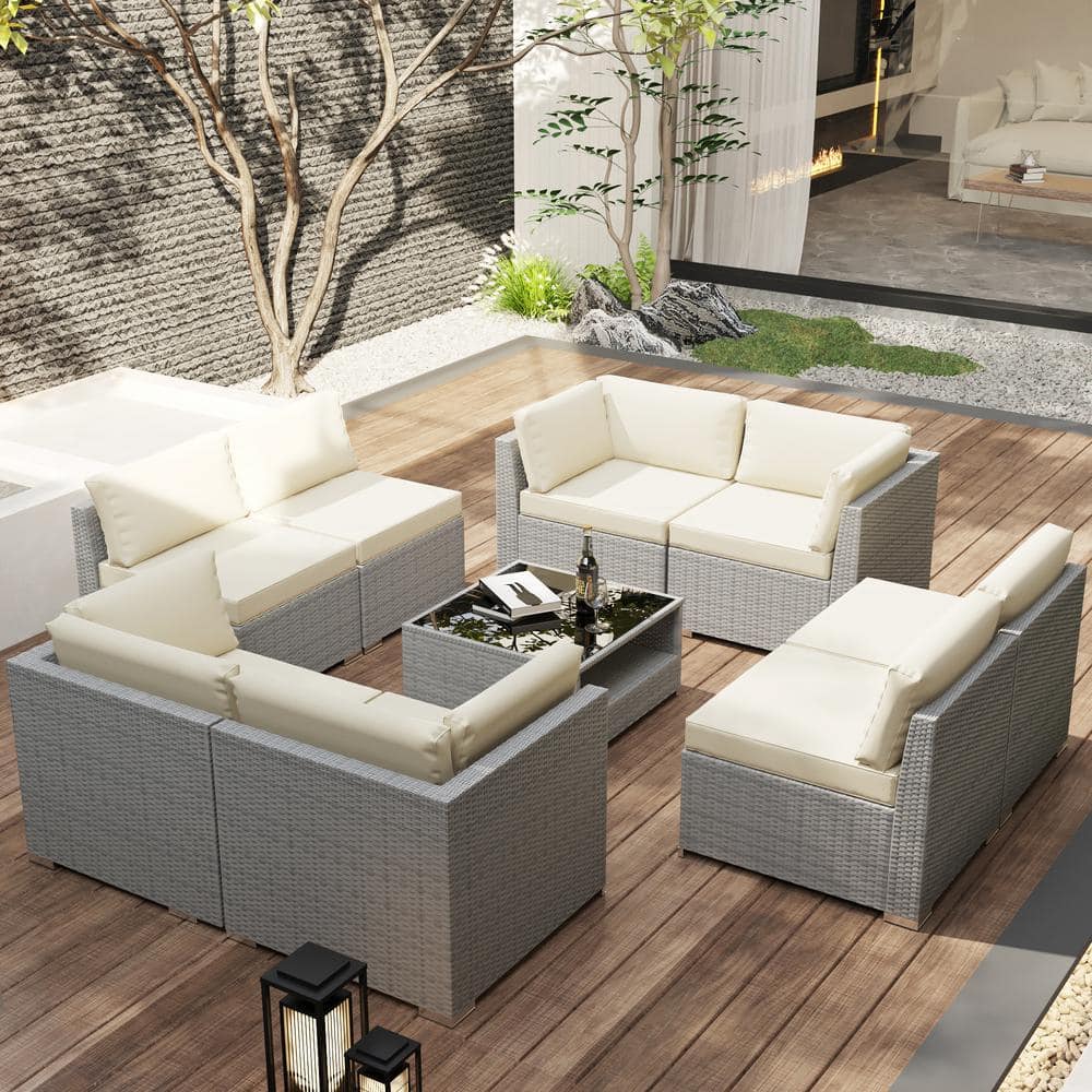 Gardenbee 9-Piece Wicker Outdoor Patio Sectional Sofa Conversation Set ...