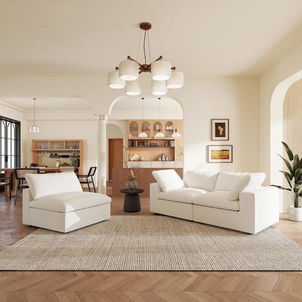 121 in. Square Arm 3-Piece Linen Modular Sectional Sofa Cloud Couch in White