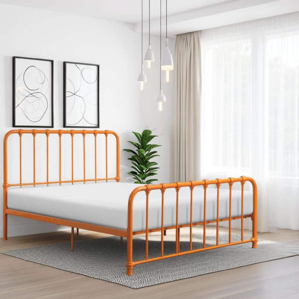 Benjara Ethan Orange Metal Frame Twin Size Panel Bed with Heavy