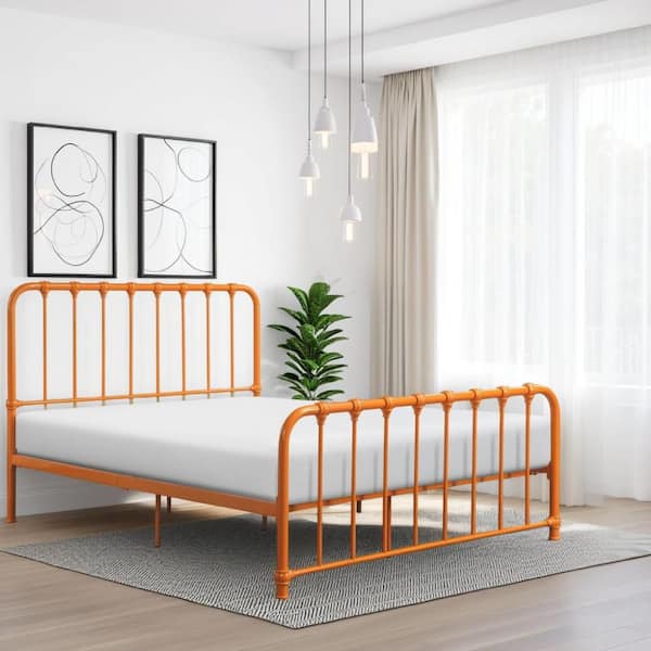 Benjara Ethan Orange Metal Frame Twin Size Panel Bed with