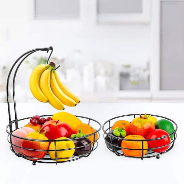 Black 4-Piece Fruit Basket Set, 2-Tier Fruit Basket with Banana Hanger, Tool-Free Assembly, Vintage Iron Art