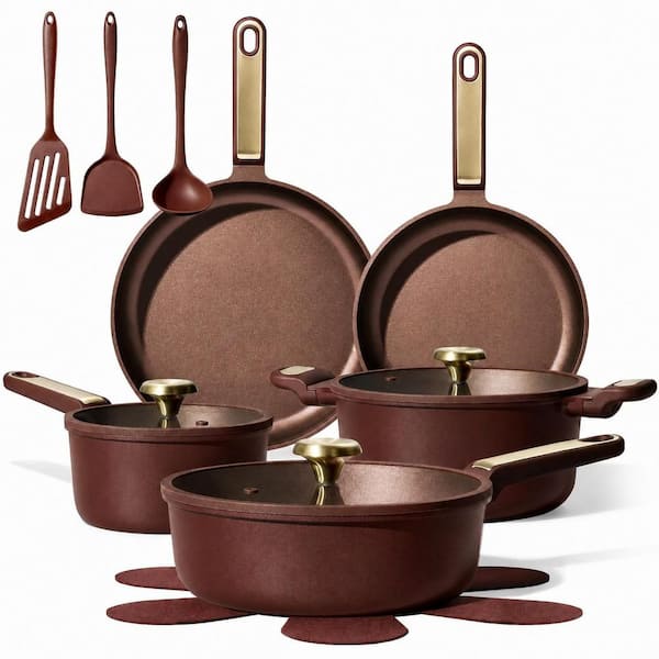 16-Piece Cast Aluminum Nonstick Cookware Set in Wine Red, Induction Compatible, Stay Cool Handles, Non-Toxic
