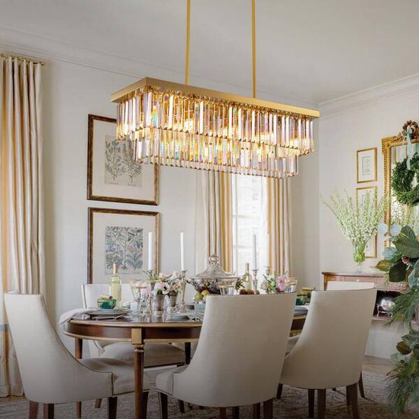 LuminFan 39 in. 10-Light Gold 2-Tier Rectangle Crystal Chandelier