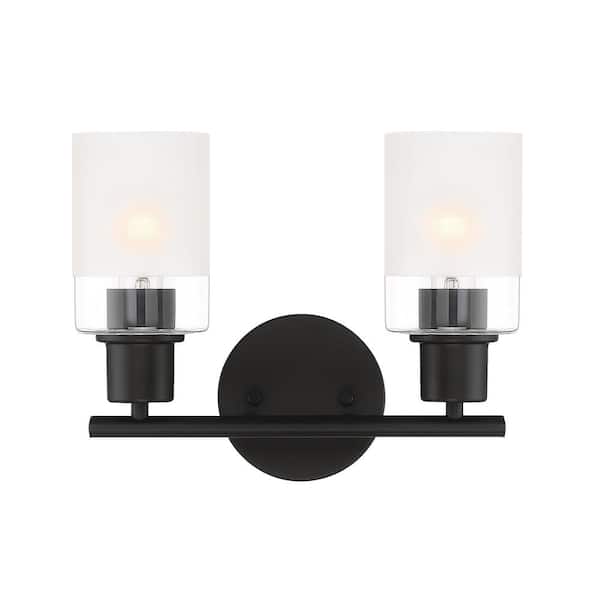 Cedar Lane 13 in. 2-Light Matte Black Modern Vanity Light with Clear and Etched Glass Shades