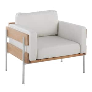 Kari White Faux Leather, Natural Wood and White Metal Arm Chair