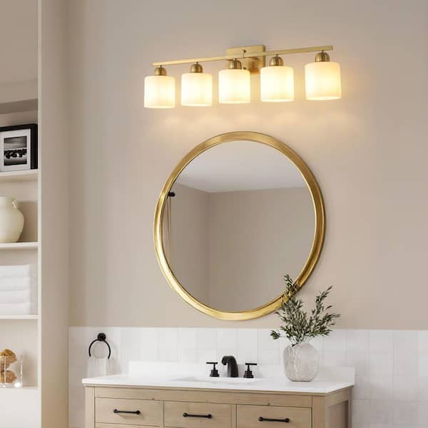 32 in. 5-Light Gold Modern Vanity Light Wall Lamp Sconce Over Mirror with Frosted Milky White Glass Shade