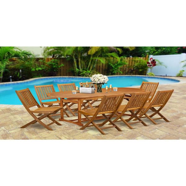 9-Piece Round Natural Oak Finish Solid Wood Top Dining Table with 8-Chairs with Slat Back