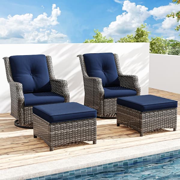 4-Piece Wicker Outdoor Pation Conversation Swivel Rocking Chair Set with Blue Cushions