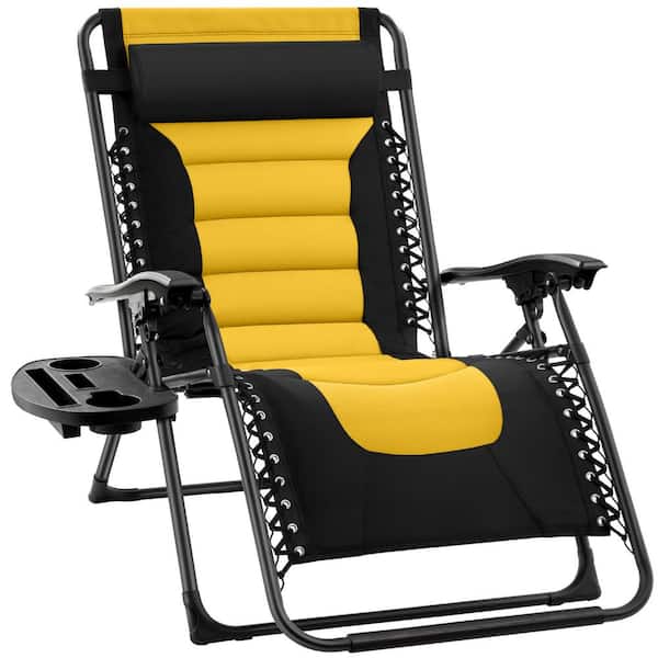 Oversized Padded Zero Gravity Black/Yellow Metal Reclining Outdoor Lawn Chair with Side Tray