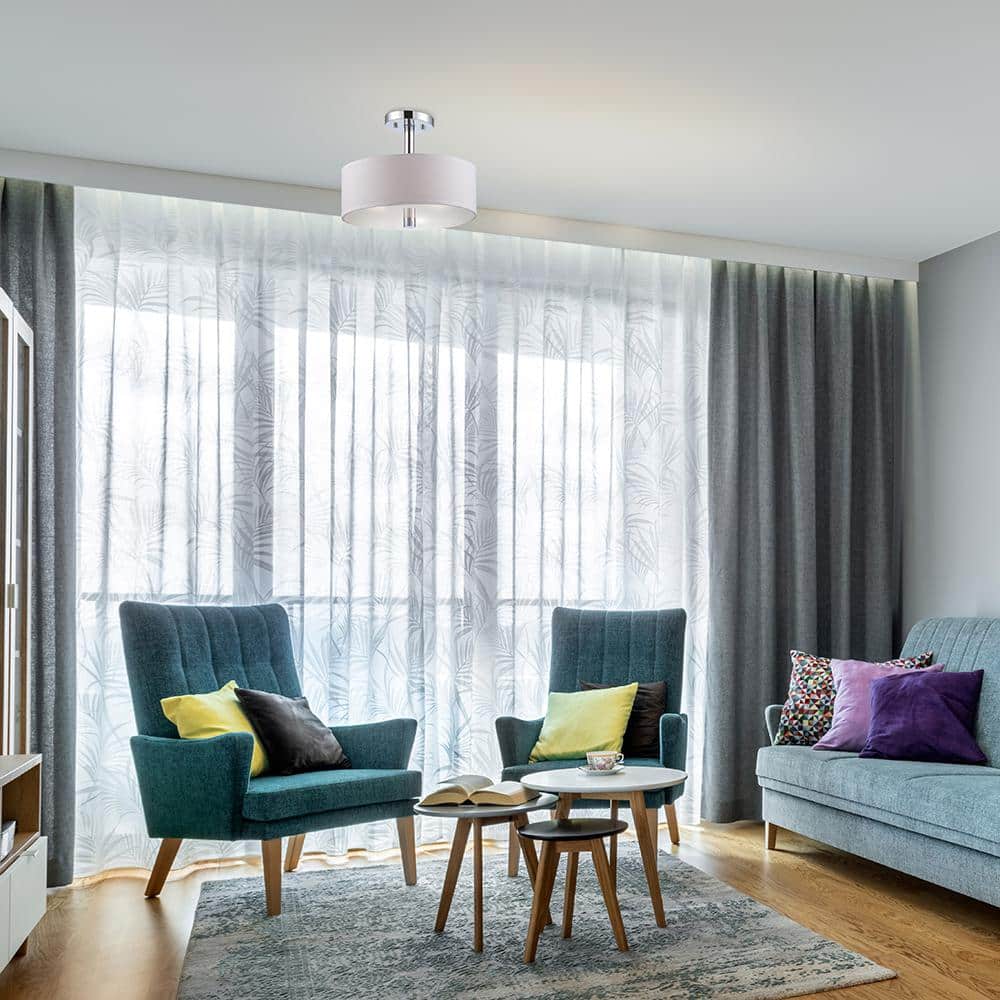 Contemporary Chrome Drum Ceiling Light with White Shade
