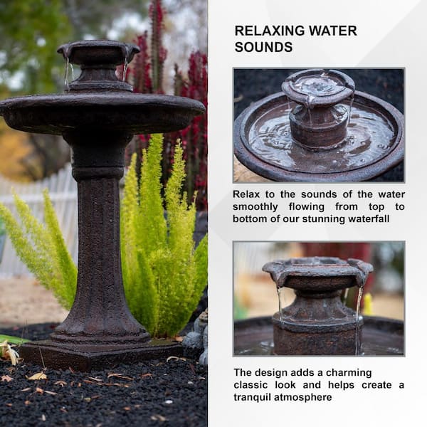 28 in. Solar Water Fountain, 1-Tier, Outdoor Birdbath, Brown Resin, With Solar Panel, Solar Pump, Lawn and Garden
