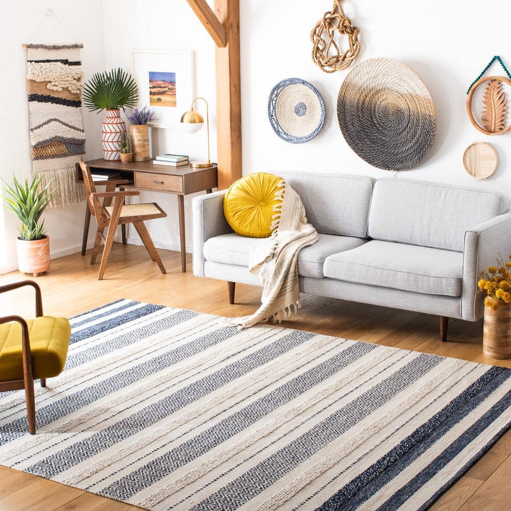 Ivory and Navy Striped Wool Flat Woven Area Rug, 9' x 12'