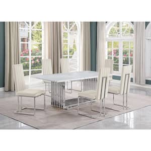 Lisa 7-Piece Rectangle White Marble Top Stainless Steel Base Dining Set With 6-Cream Velvet Chrome Iron Leg Chairs