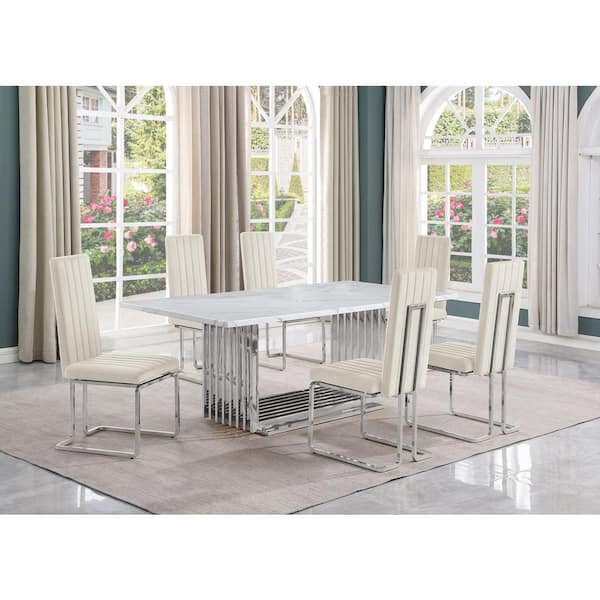 Best Quality Furniture Lisa 7-Piece Rectangle White Marble Top Stainless Steel Base Dining Set With 6-Cream Velvet Chrome Iron Leg Chairs