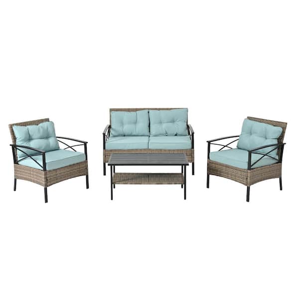 Sudzendf 4-Piece Wicker Patio Conversation Set with Blue Cushions