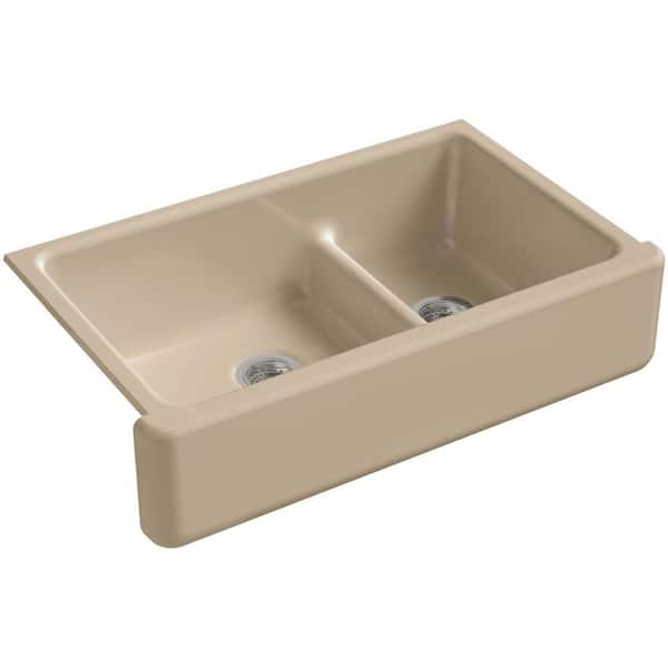 KOHLER Whitehaven Smart Divide Undermount Farmhouse Apron-Front Cast Iron 36 in. Double Basin Kitchen Sink in Mexican Sand