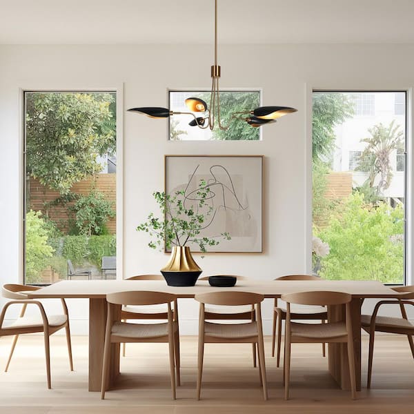 Toltehcwe Modern 5-Lights Flat Black and Plating Brass Chandeliers, Mid-century Radial Hanging Light for Dining Room
