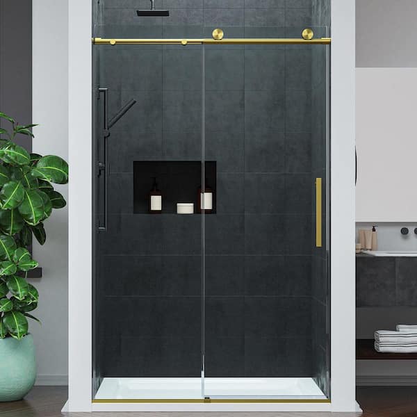 Mountain 48 in. Reversible Frameless Sliding Glass Shower Door with Soft-Close System and Brushed Gold Finish