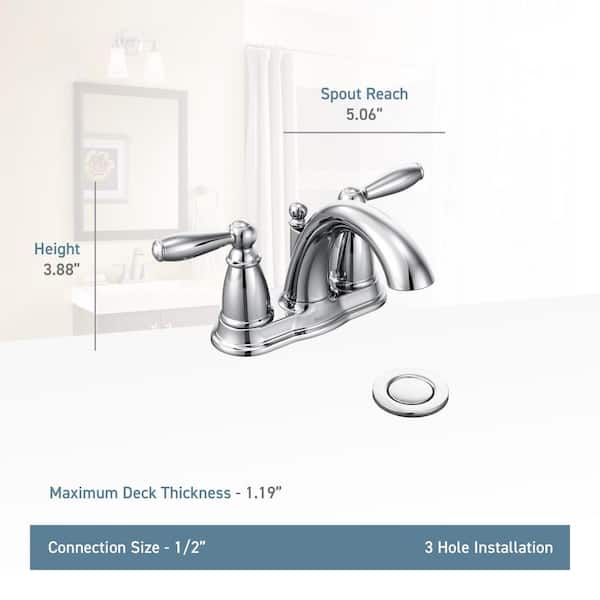 Moen Brantford 4 In Centerset 2 Handle Low Arc Bathroom Faucet Chrome With Metal Drain Assembly 6610 - Moen Replacement Bathroom Sink Stopper Stuck