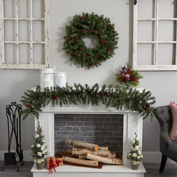 30 in. Lighted Pine Artificial Wreath with Berries and Pine Cones
