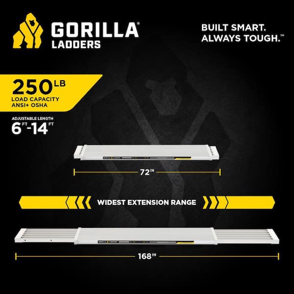 Compact Adjustable Aluminum Scaffolding Work Plank, From 6 ft to 14 ft Lengths, 14.5 in. Wide, 250 lbs. Load Capacity