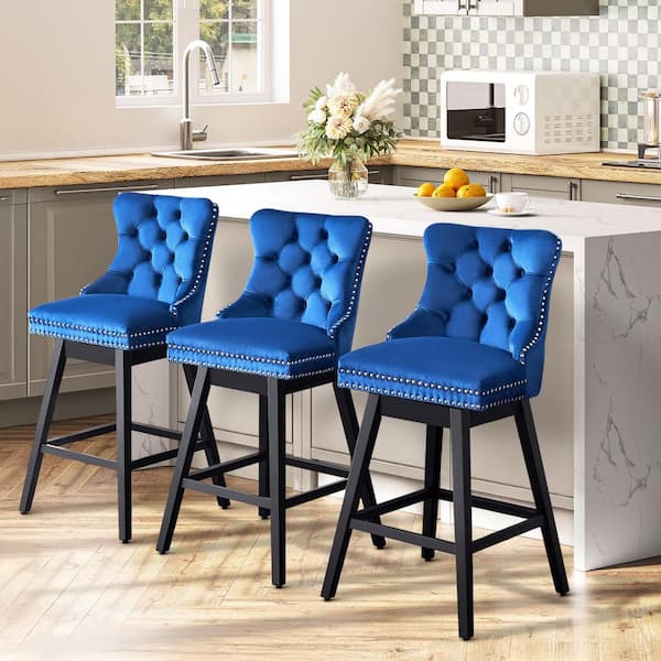 Hochwertiges 30 in. Blue Velvet Upholstered Solid Wood Frame Bar Height Swivel Bar Stool with Back (Set of 3)