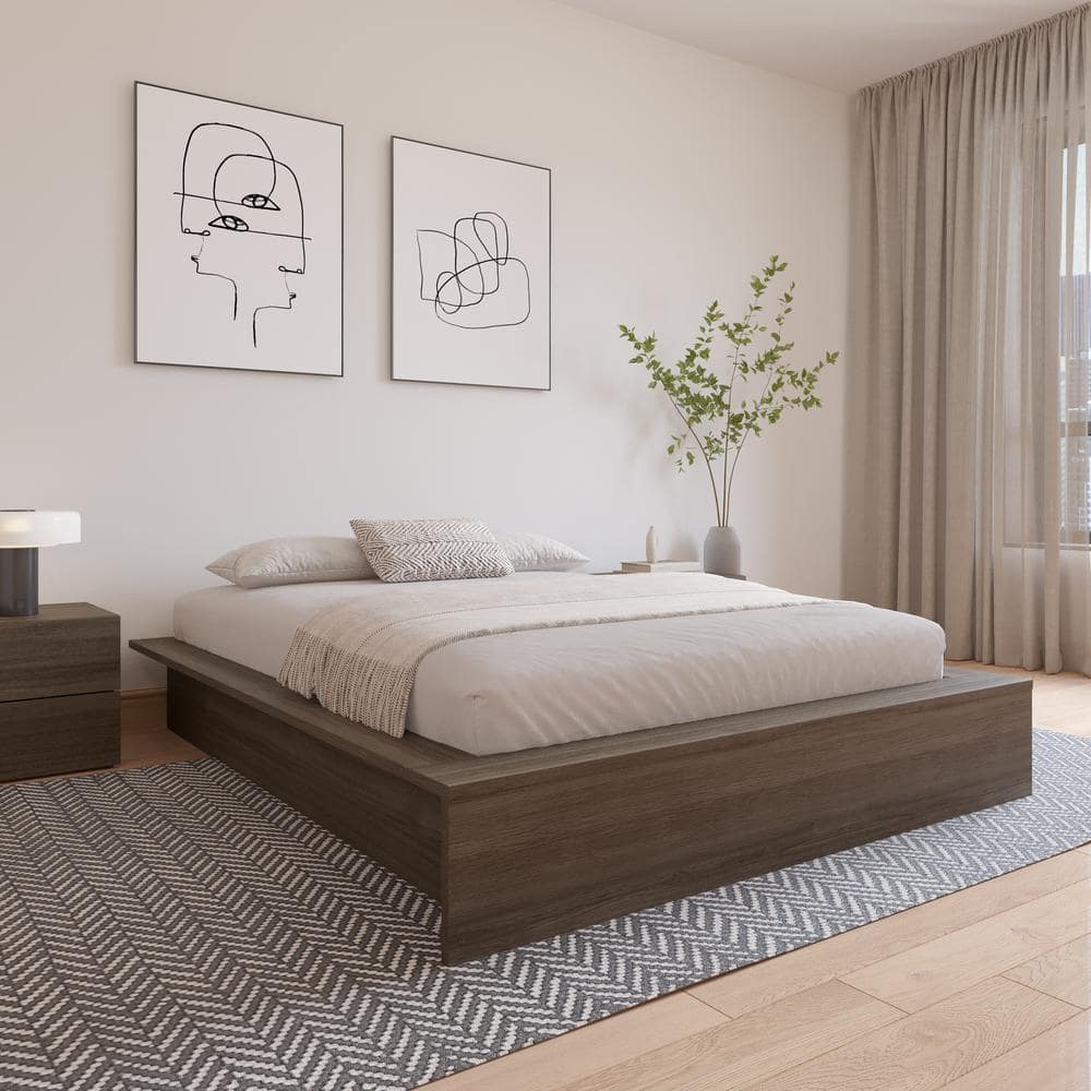 Gray Queen Upholstered Platform Bed with Engineered Wood Frame