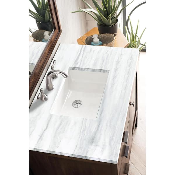 James Martin Vanities Addison 36 in. W x 23.5 in.D x 35.5 in. H Single Vanity in Mid Century Acacia with Solid Surface Top in Arctic Fall