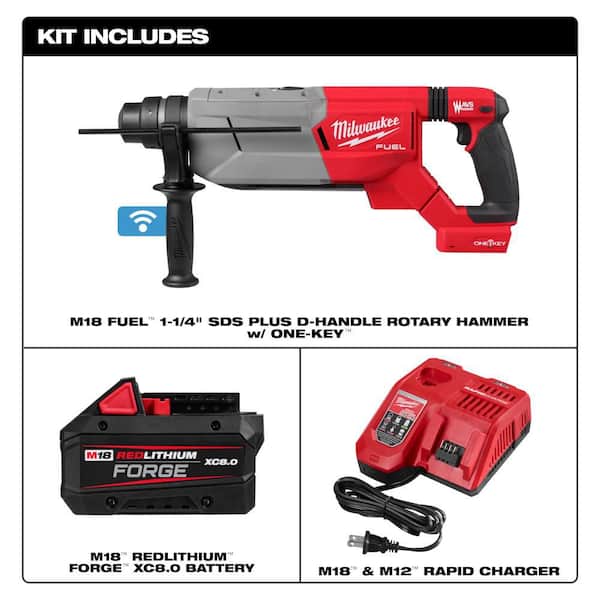 M18 FUEL ONE-KEY 18V Lith-Ion Cordless 1-1/4 in. SDS-Plus D-Handle Rotary Hammer w/ FORGE 8. 0Ah Battery & Charger