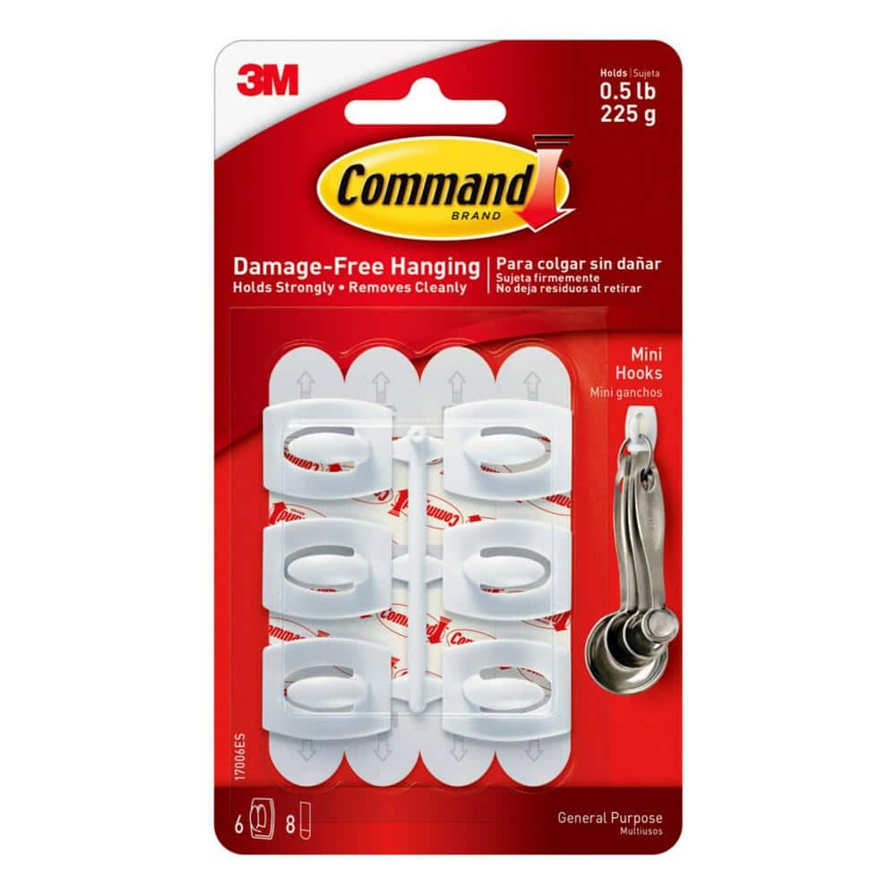 White Mini Wall Hooks with Adhesive Strips, 6-Pack