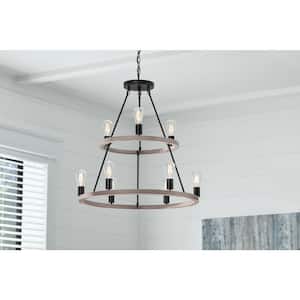 Stratton 9-Light 2-Tier Black and Woodgrain Wagon Wheel, Industrial Farmhouse Dining Room Chandelier with Bulbs Included