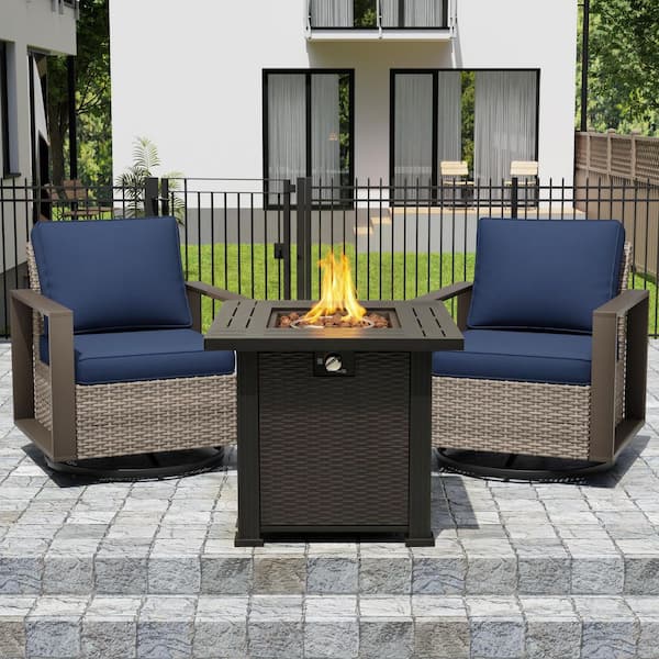 3-Piece Brown Metal Arm Frame Outdoor Fire Pit Patio Sets Rocking Swivel Chairs with Dark Blue Cushions and Fire Pit