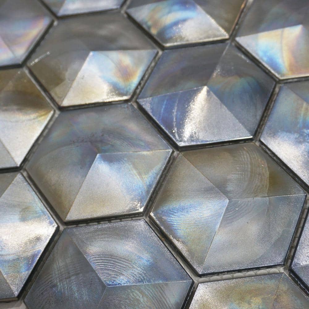 Aurora Glossy Gray Glass Hexagonal Mosaic Tile Sheet