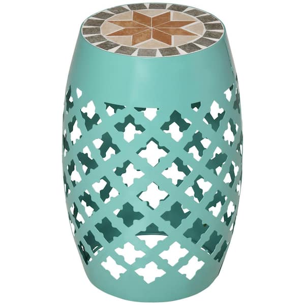 Blue Metal Patio Round Outdoor Side Table Garden Mosaic Accent Side Table, Plant Stand, Footstool