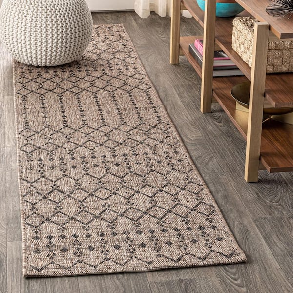JONATHAN Y Natural/Black 2 ft. x 20 ft. Runner Ourika Moroccan Geometric Textured Weave Indoor/Outdoor Area Rug
