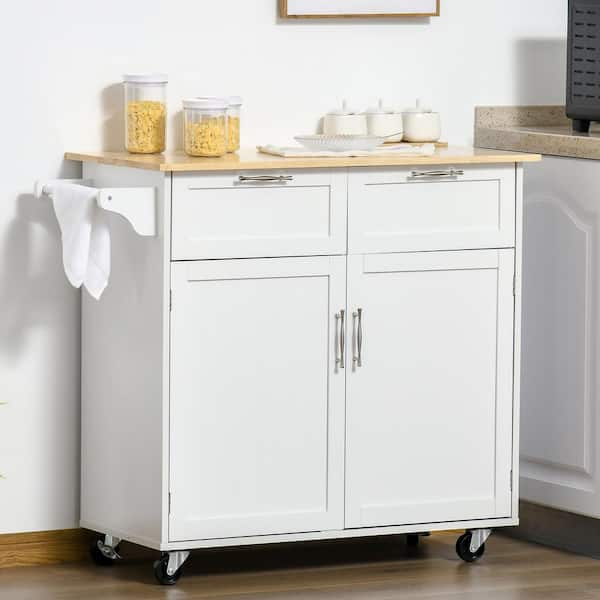 FAMYYT Rolling White Natural Wood Countertop 41 in. Kitchen Island with Adjustable Shelves and Drawers