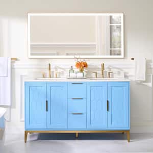 60 in.W x 22 in.D x 35 in.H Double Sink Freestanding Bath Vanity in Blue w/White Quartz Top, LED Bathroom Vanity Mirror