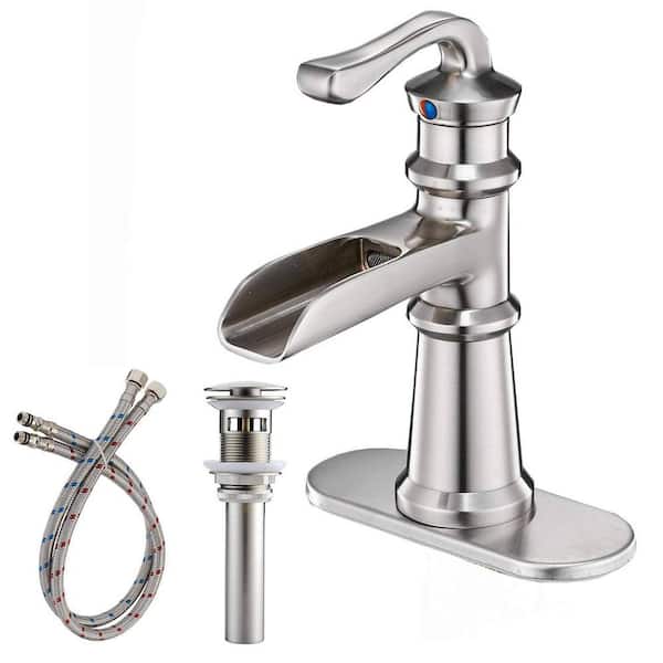 FLG Single-Handle Single-Hole Waterfall Brass Bathroom Sink Faucet with Drain Kit and Deckplate Included in Brushed Nickel