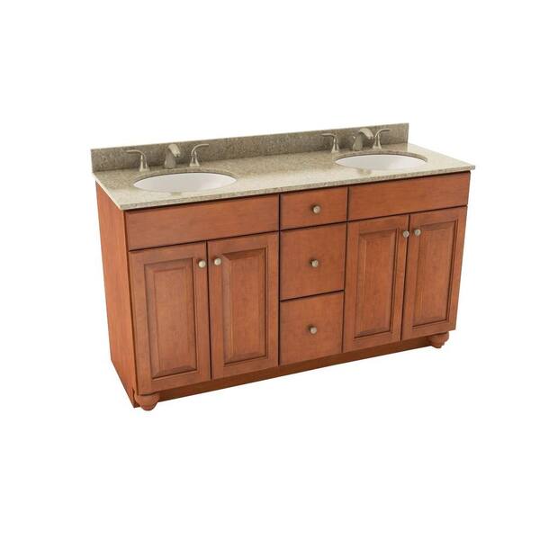 American Woodmark Charlottesville 61 in. Vanity in Cognac with Silestone Quartz Vanity Top in Quasar and Oval White Double Sink