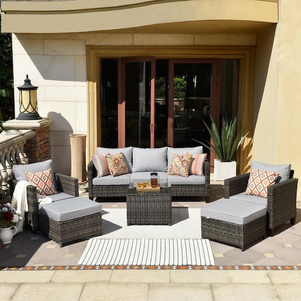 XIZZI Mars Gray 6-Piece Wicker Outdoor Patio Conversation Seating Set with Gray Cushions