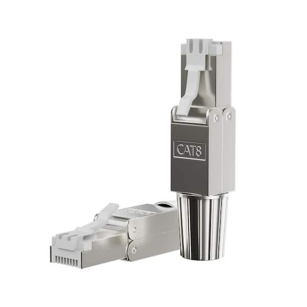 Cat8 Shielded RJ45 Modular Plug Connector, Tool-Free Zinc Alloy Gold-Plated Field Termination, Silver (2-Pack)