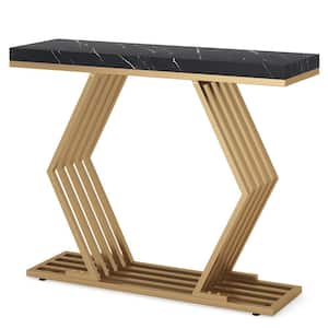 Turrella 42.5 in. Faux Marble Black & Gold Console Table with Gold Base, Geometric Entryway Sofa Table