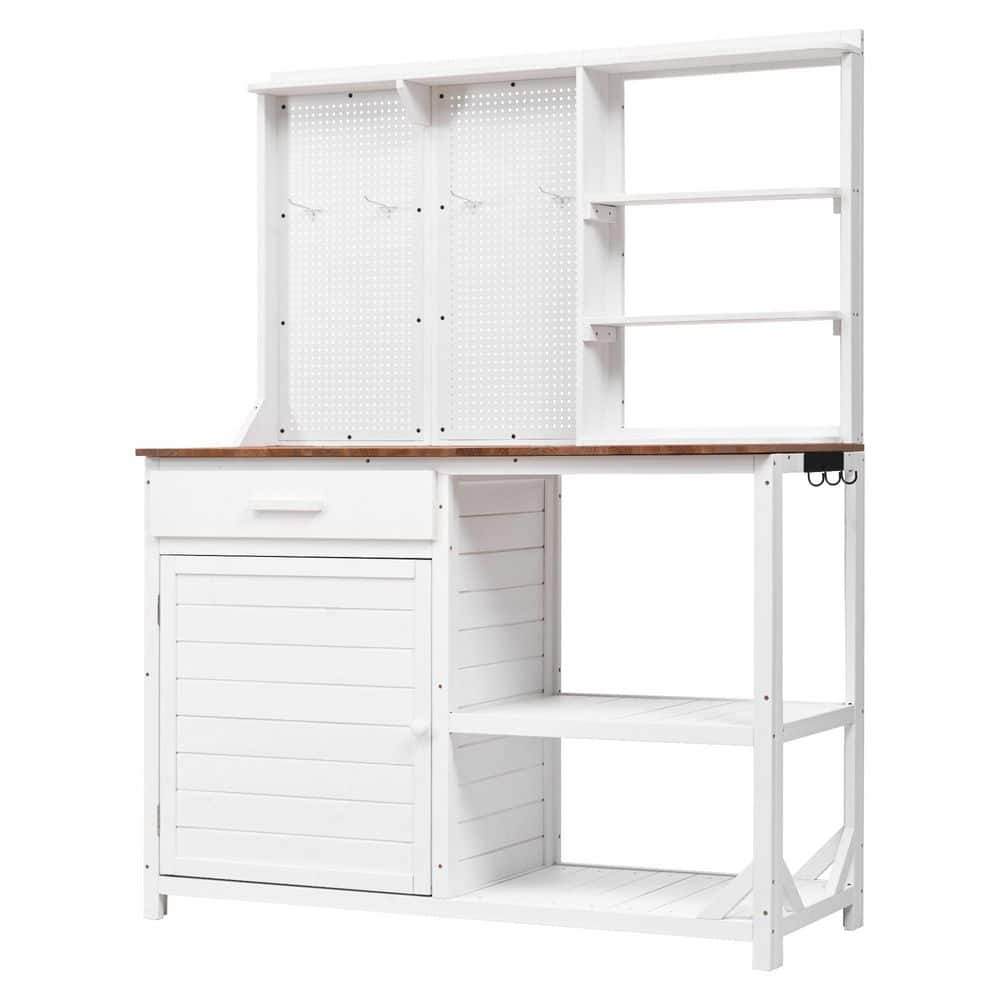 White 50 in. W x 66 in. H Wood Potting Bench, Garden Workstation Potting  Table with Hutch, Hooks, Adjustable Storage jk-881 - The Home Depot