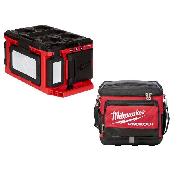 Milwaukee - M18 18-Volt Lithium-Ion Cordless PACKOUT 3000 Lumens LED Light with Built-In Charger w/15.75 in. PACKOUT Cooler Bag