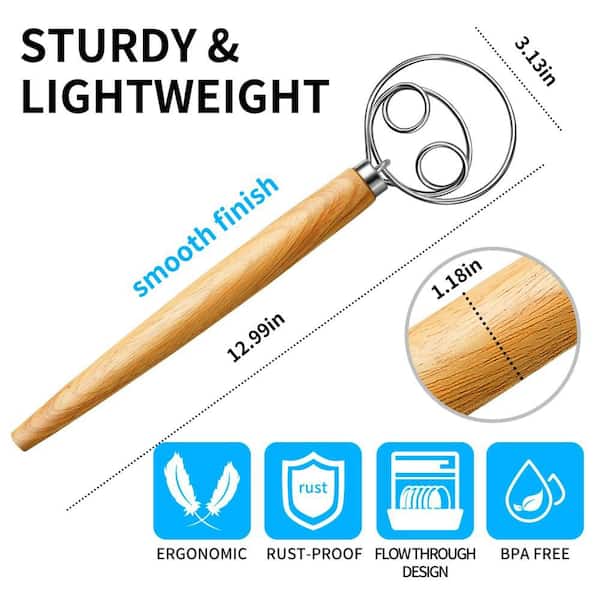 Stainless Steel Danish Dough Whisk with Dough Hook and Dutch Whisk for Sourdough Bread and Kitchen Mixing (1-Pack)