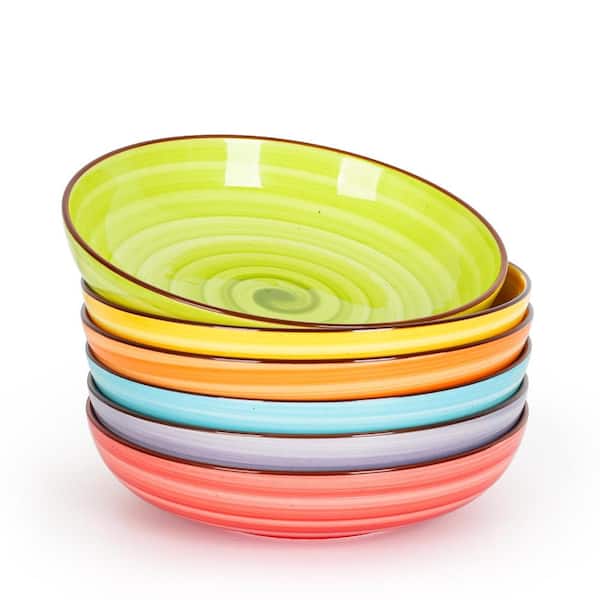 Pasta and Salad Bowls Set 6, Ceramic 26 oz, 8 in Shallow Serving Bowls, Colorful, Dishwasher Safe Set