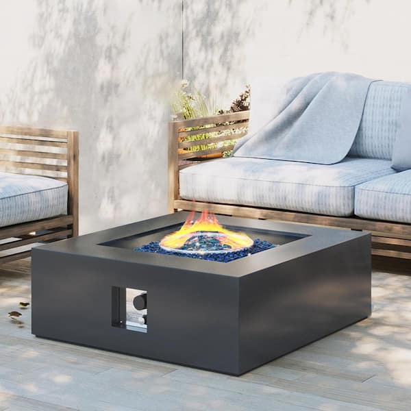 PATIOGUARDER 35 in. Square Iron Outdoor Fire Pit Table with Lid, Blue Glass Stone and Rain Cover in Dark Grey