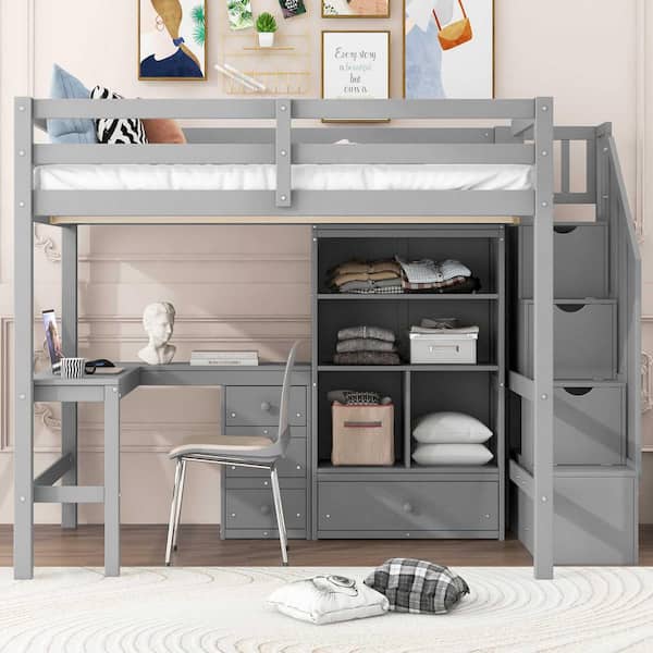 Gray Full Size Wood Loft Bed with L-Shaped Desk and Drawers, Cabinet and Storage Staircase