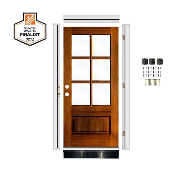 DIY 36in.x80in. Farmhouse Right-Handed 6 Lite Clear Glass Red Chestnut Stain Wood Front Door Kit w/ Quick Assemble Jamb